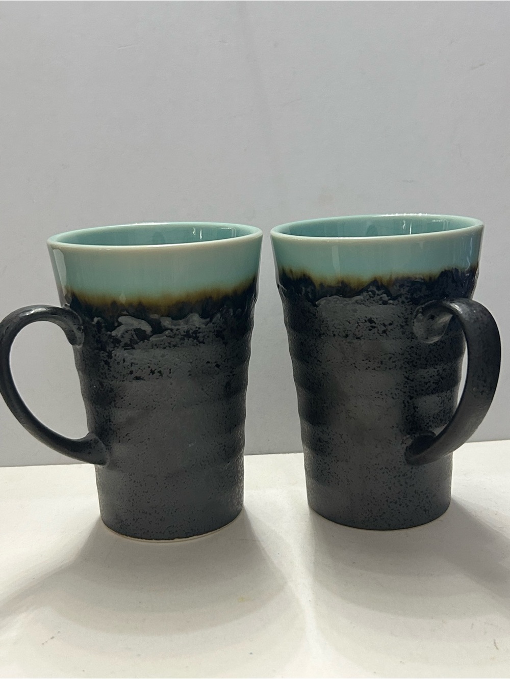 Japanese Turquoise Crackle Mugs Earthen Set of 2 Coffee Tea Cups